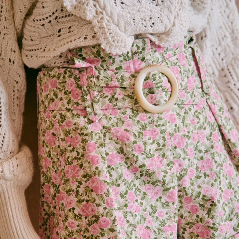 

Women's Floral Print Shorts Loose High-Waist Curled Sweet Casual 2021 Ladies Wide-leg Shorts with Sashes