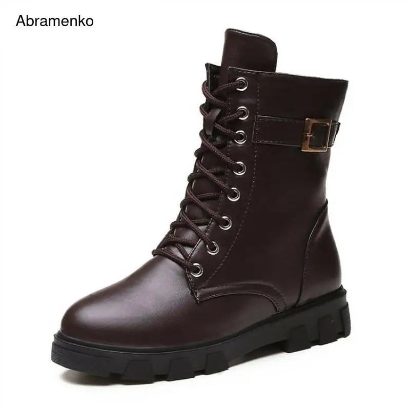 

Women Lace Up Martin Boots Army Military Ankle Punk Motorcycle Boots Round Toe Ladies Black PU Leather Boots Shoes Size 35-39