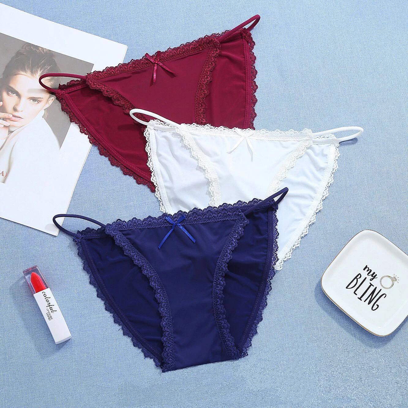 Женские кружевные трусики-стринги с низкой посадкой 3 шт. интимные бикини |