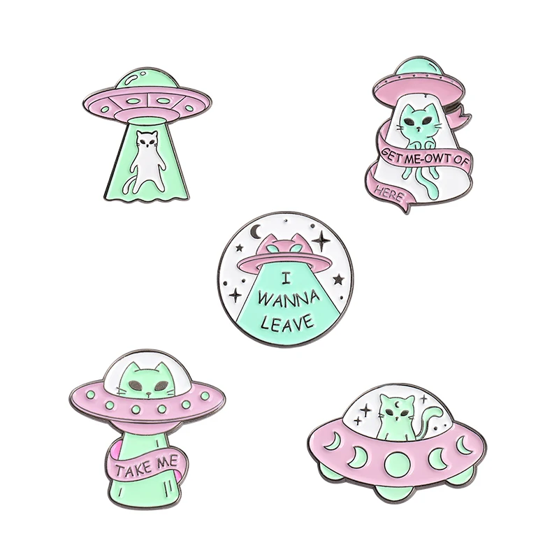

Alien Cat Enamel Pins UFO Space Ship Badges Take Me Leave Here Brooches for Women Men Outer Jewelry Universe Wholesale