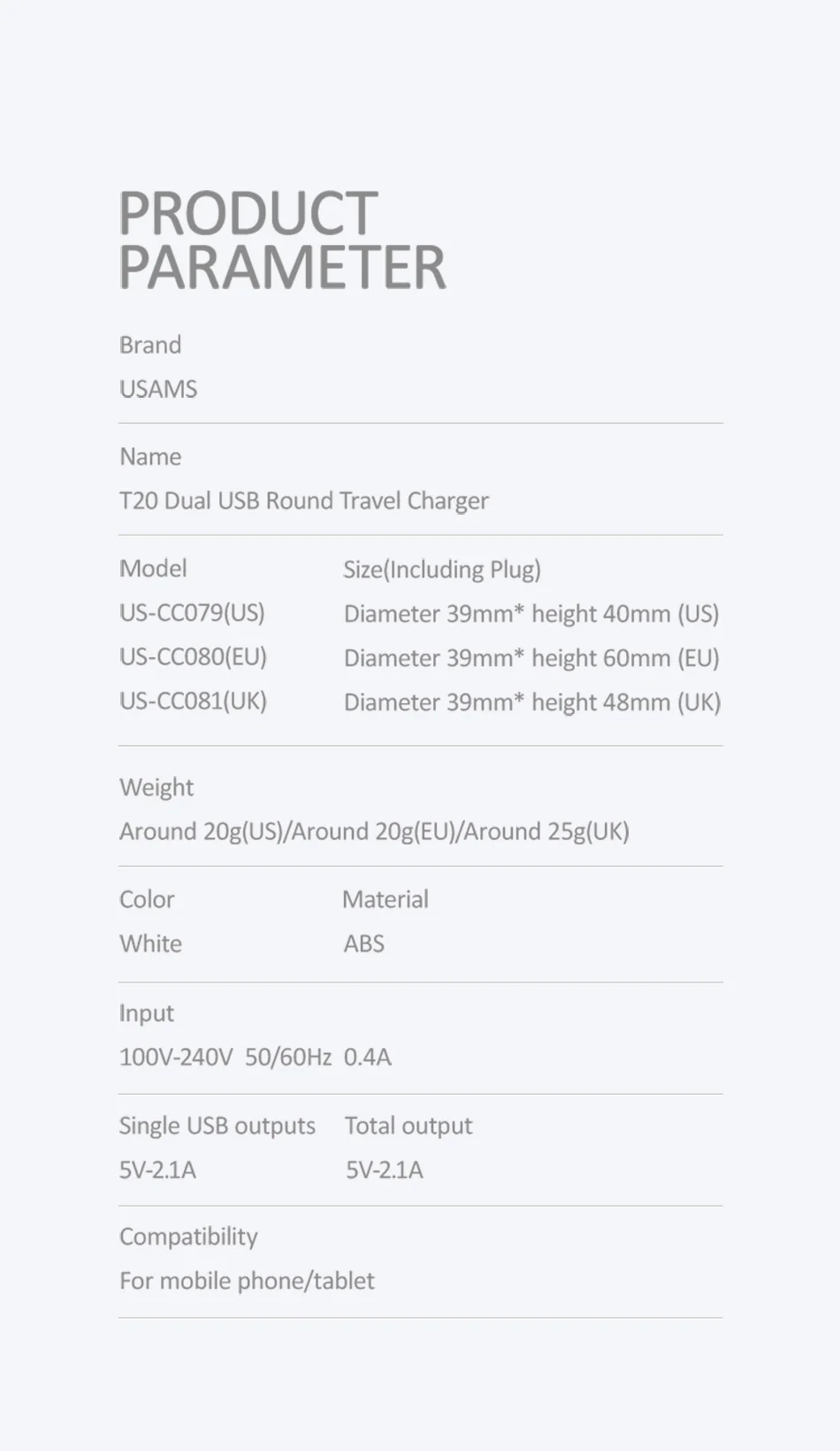 USAMS 5 в 2.1A двойное USB зарядное устройство для iPhone iPad US/EU/UK быстрое зарядное устройство для samsung Xiaomi Mini круглое дорожное зарядное устройство для телефона