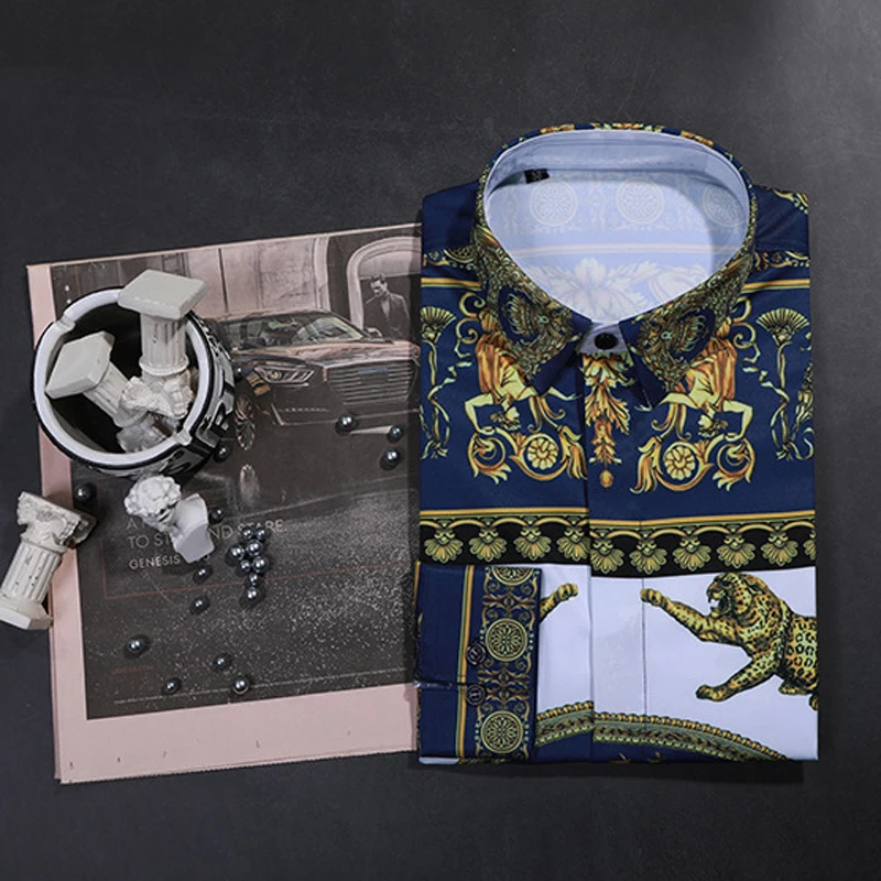 

Luxury Retro Printed Shirt men Brand quality Long Sleeve Slim Casual Business male dress Shirts Plus size 4XL Camisas