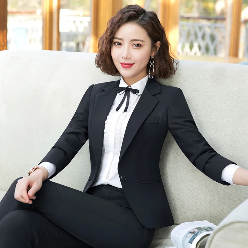 black pant suits Костюм женский брючный костюм женский костюмы женские женский костюм Женские деловые штаны, костюмы, Офисная Леди, комплект из 2 предметов, деловой блейзер для работы, костюм на осень и зиму, Женский Плюс Размер - Цвет: black pant suits