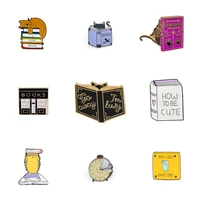 cartoon books enamel pins funny dog cat reading brooches alarm clock button badge bag clothes jewelry for kids students friends