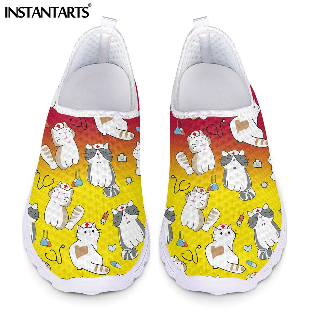 

INSTANTARTS Fashion Nurse Theme Slip on Sneaker Lovely Nurse Cat Pattern Women Mesh Sneaker Lightweight Soft Loafers Zapatos Hot