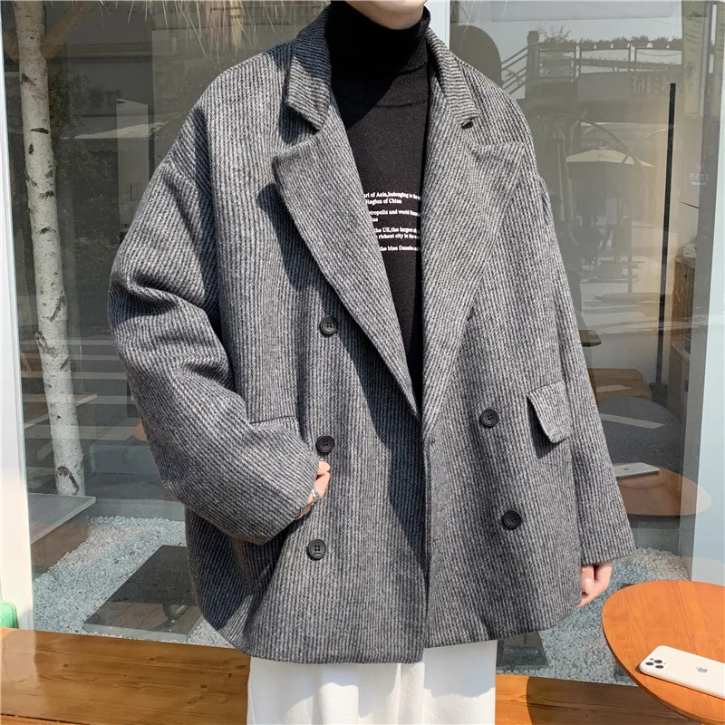 

Men's Suit Coat Blend Long Sleeve Double Breasted Jacket Male Pockets Loose Turn-down Collar Autumn Winter Men Woolen Jacket Top