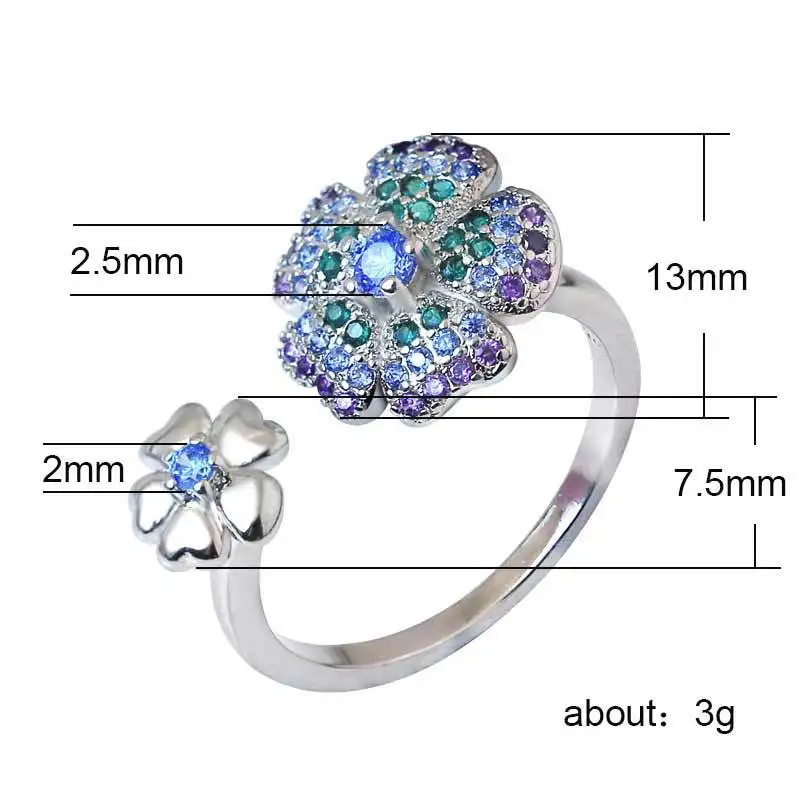 

Exquisite Silver Color Crystal Flower Rings Multicolor Gems Zircon Rings Cocktail Party Women's Rings Birthday Gifts Jewelry