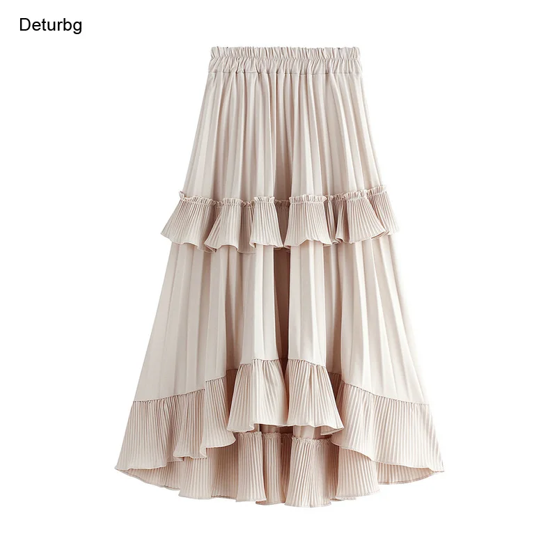 

Women's Elegant Ruffled Asymmetrical Tiered Skirt Female High Waist Solid Color Pleated A-Line Skirts Faldas 2021 Autumn Sk872