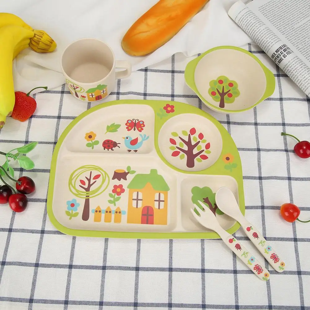 

Cute Cartoon 5pcs Plate Cup Bowl Baby Tableware Set Anti-Slip Dinnerware Bamboo Fiber Material Anti-Skid Bottom Design For Baby