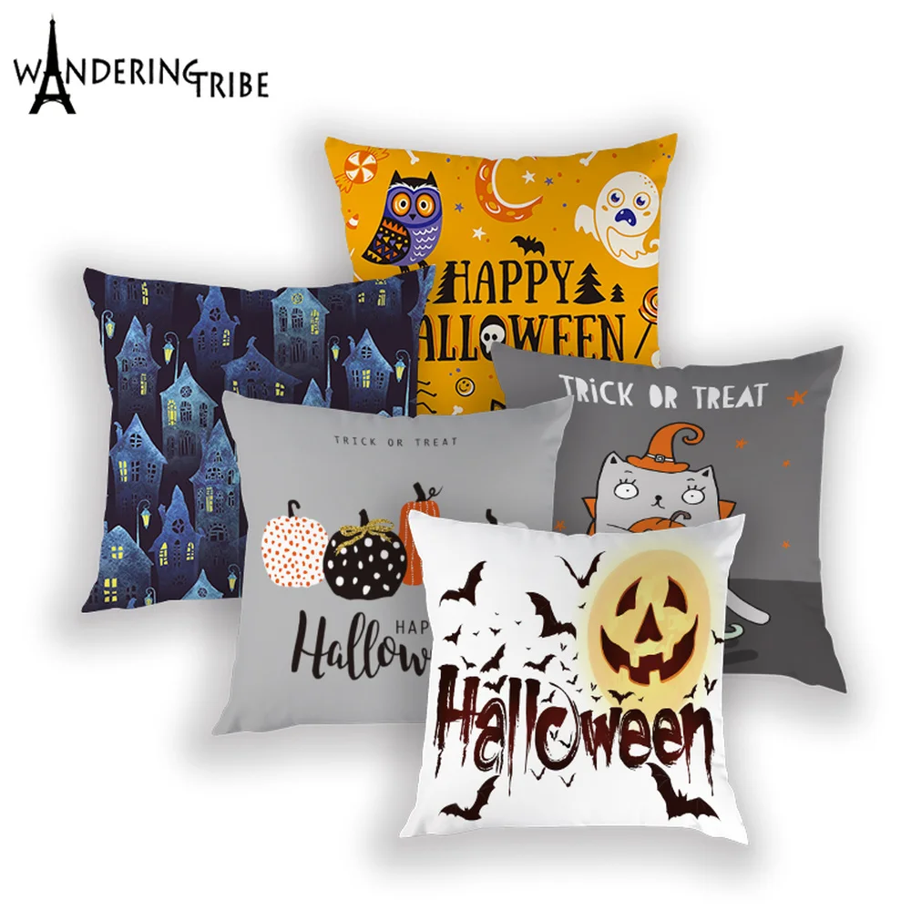 

Happy Halloween Throw Pillow Cover Trick or Treat Cushion Cases 2019 Letter Case Pumpkin Print Pillows Covers Bed Cushions Cover