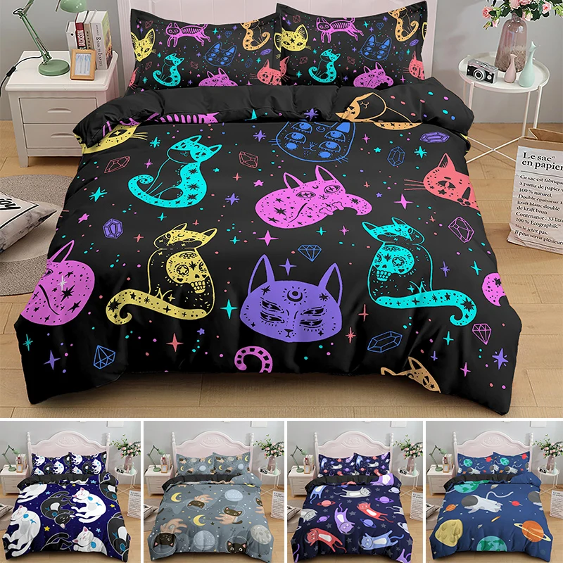 

3D Space Cat Bedding Set Cartoon Cute Animal Duvet Cover Sets Twin Full Queen King Size Bedspread Christmas Gifts