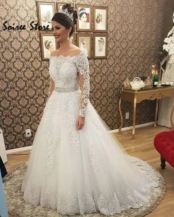 

Boho Wedding Dresses 2 in 1 White Boat Neck Lace Applique Princess Wedding Gowns With Beaded Long Sleeve Beach Garden Bride 2020