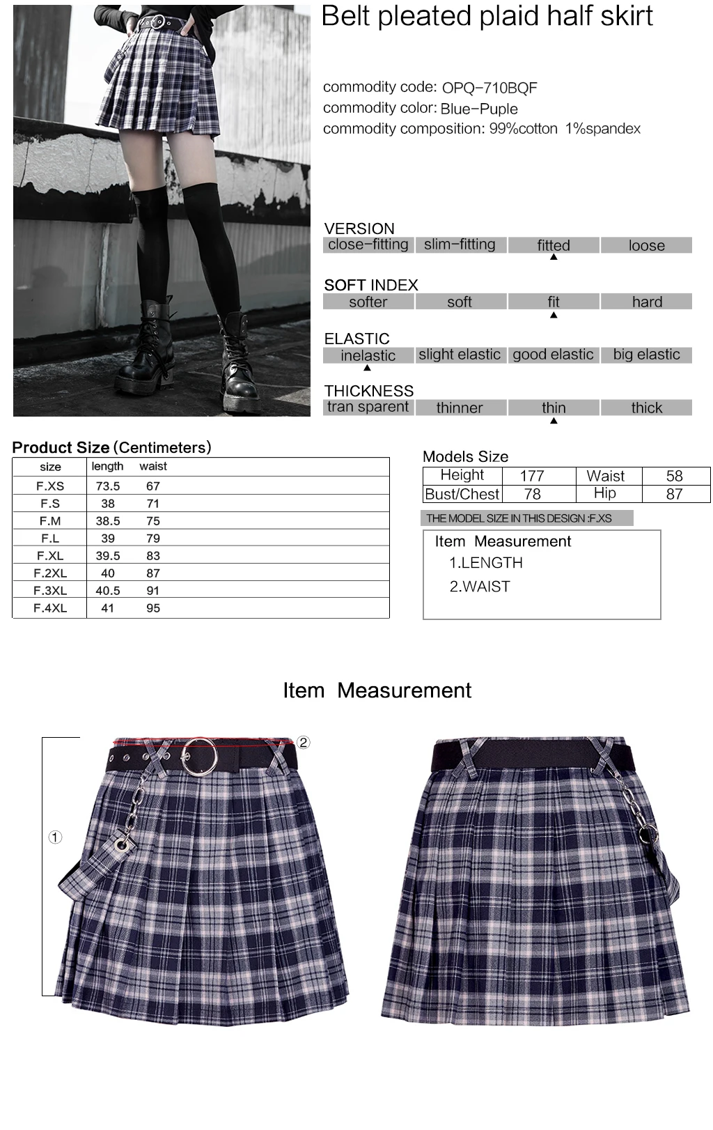 

PUNKRAVE Women's Punk College Style Pleated Plaid Half Skirt Daily Removable Belt A-line High Waist Mini Skirts