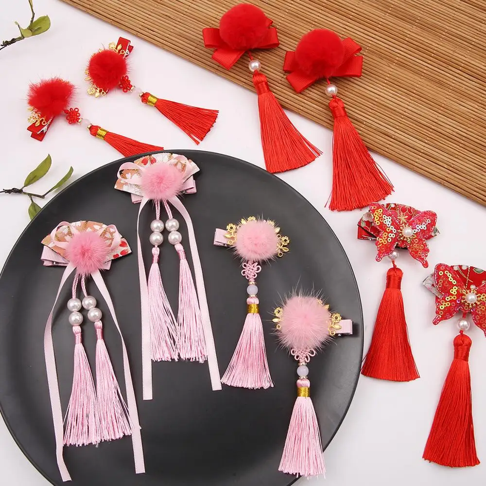 2 Pieces / Bag Tassel Hair Clip Red Headband Happy New Year Hairpin Handmade Fashion Accessories Bow |