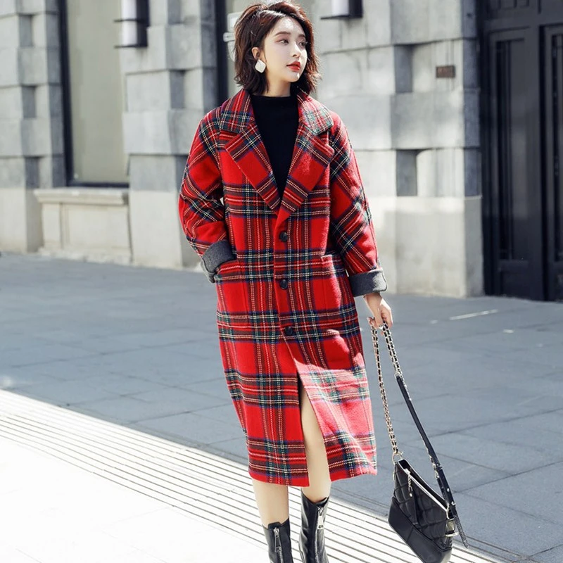 Женское Красное Клетчатое свободное шерстяное пальто плотное теплое Элегантное
