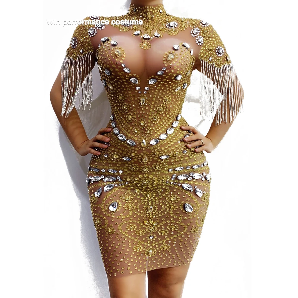 

Shining Big Crystals Mesh Sexy Bodysuit Sparkly Rhinestone Fringes Party Nightclub Outfit Singer Stage Performance Dance Costume