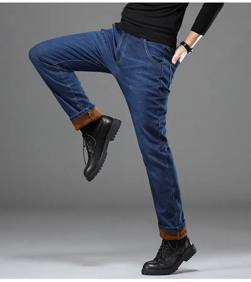 Winter Keep Warm Men's Plus Velvet Jeans Trousers Casual Loose Straight Black Blue Elasticity Classic Outdoor Denim Pants