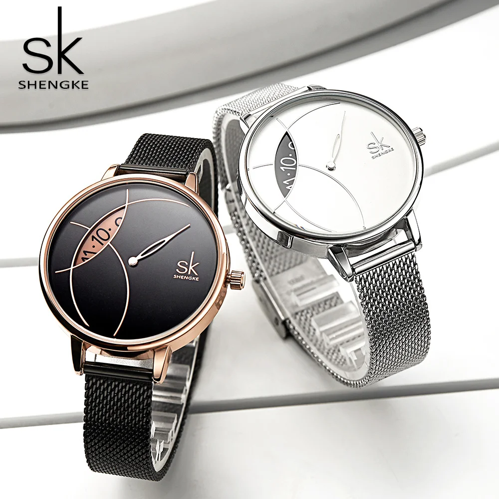 

Shengke Women Fashion Watch Creative Lady Casual Watches Stainless Steel Mesh Band Stylish Desgin Silver Quartz Watch for Female