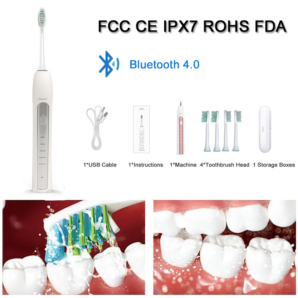 

Водонепроницаемая Bluetooth зубная щетка с 4 насадками, перезаряжаемая электрическая коробка