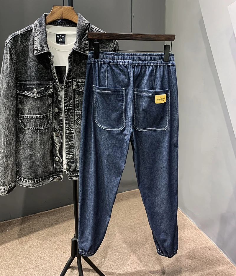 34-46 джинсы мужские размера плюс эластичные свободные зауженные джинсы-шаровары