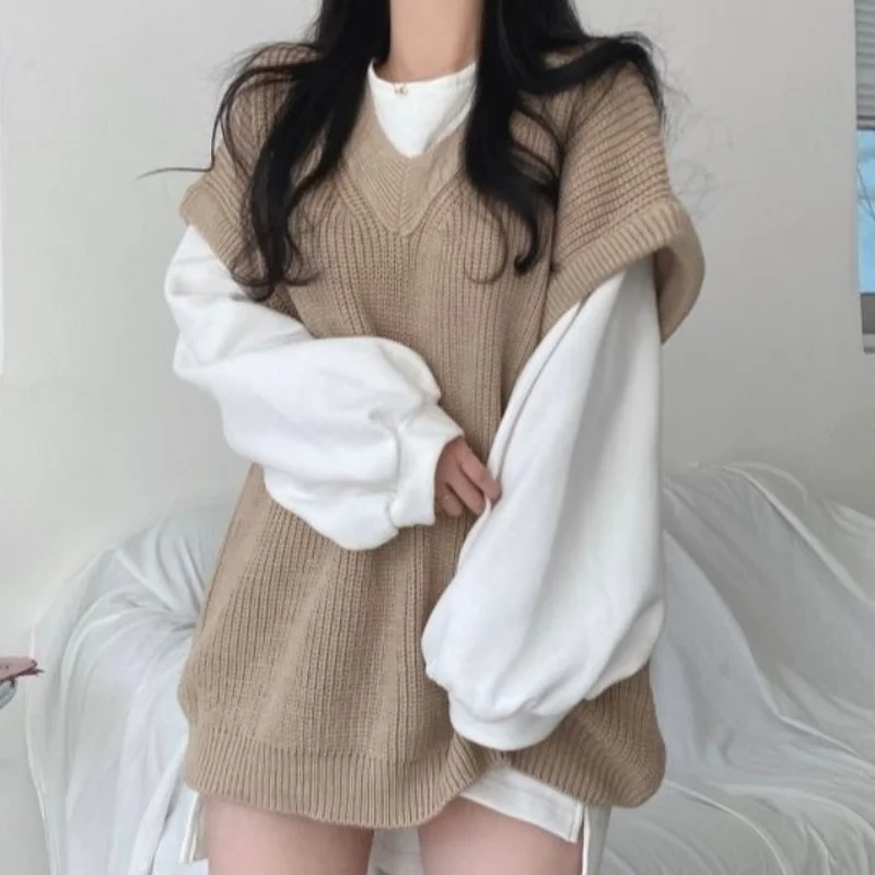 

Korejepo Retro Chic Vest Suits 2021 New Autumn Versatile Round Neck Lantern Sleeve Split Sweater + Casual Loose Knit Vest Women