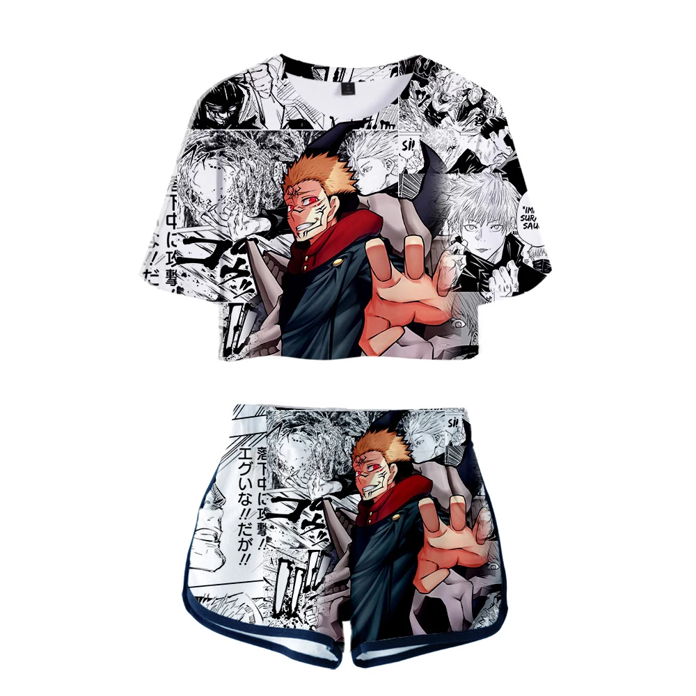 

jujutsu kaisen Clothes Women Two Piece Set Summer Short Sleeve Female Crop Top+Shorts Girls Sexy Casual Streetwear Tracksuit