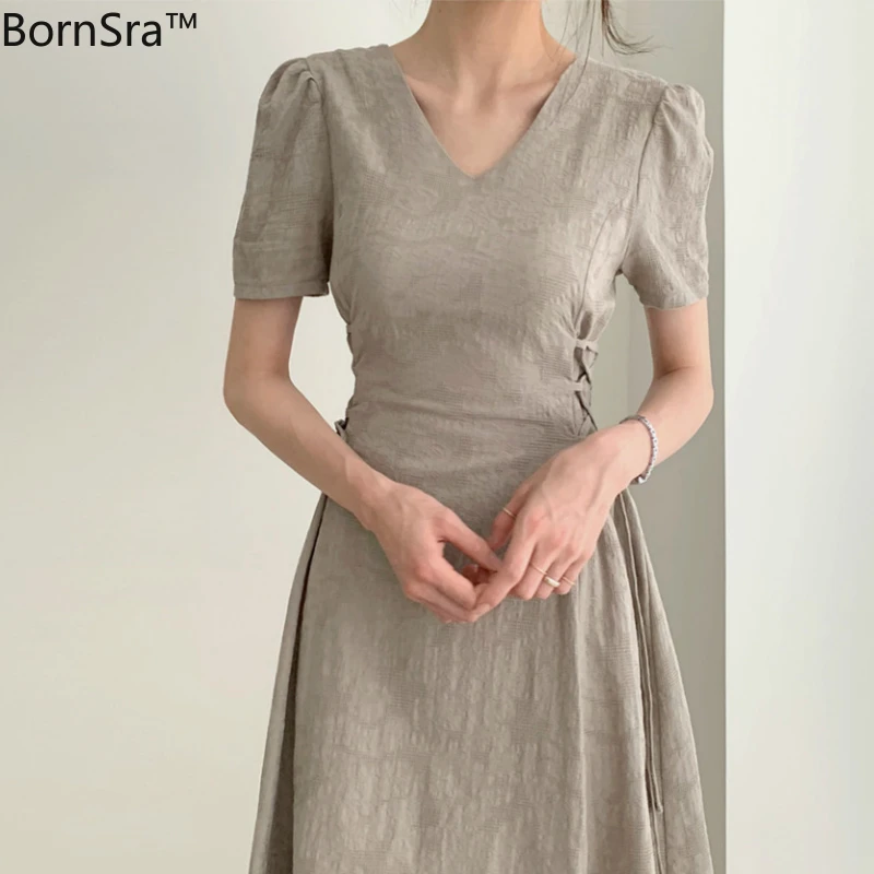 

Bornsra 2020 Korea Chic V-neck Artistic Side Waist Belt Solid Woman Dress Empire Knee-Length Short Summer White Femlae Dress