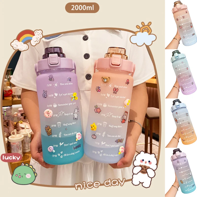 

Stickers Water Bottle with Straw 2000ml Cute Portable Scale Bottle for Water Outdoor Travel Kettle for Adult Student Drink Jugs