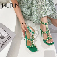 new rivet womens sandals size35 42 high heels square toe wedding shoes ankle straps buckle hollow women summer sexy party shoes