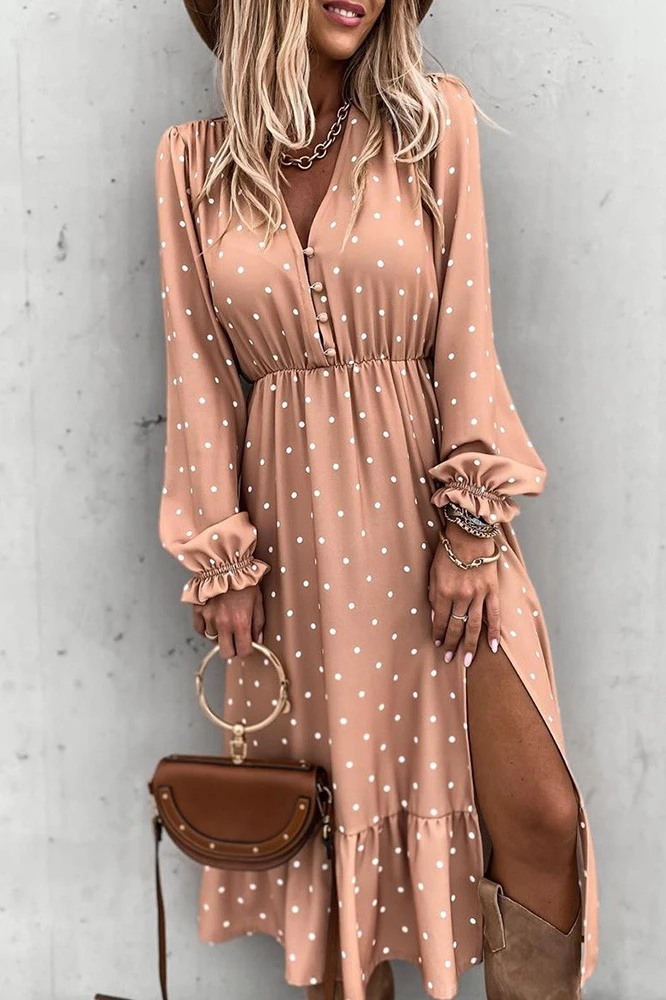 

Dot Print High Slit Button Ruffles Dress Polka Dot Print Long Sleeve Dress Bohemian Sexy V-neck