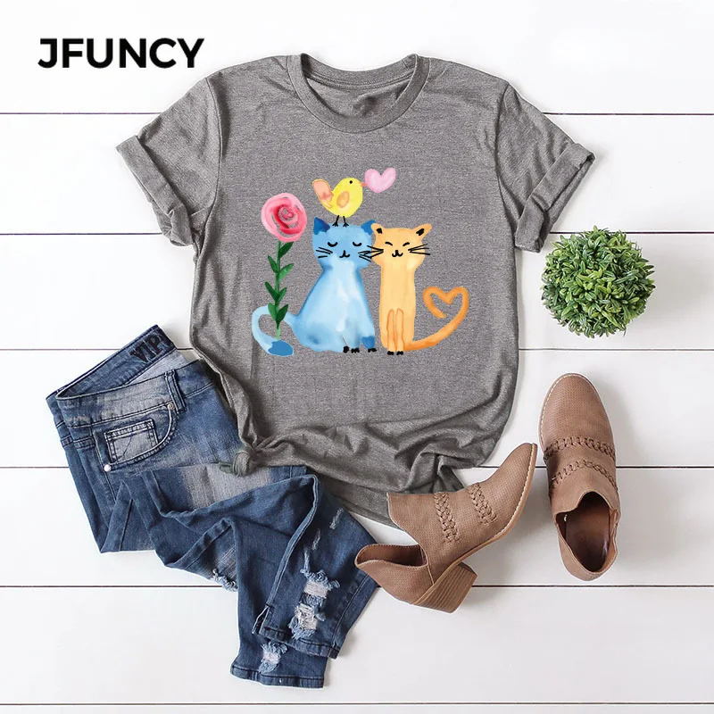 JFUNCY 100% хлопок женская футболка с принтом счастливые кошки летние женские
