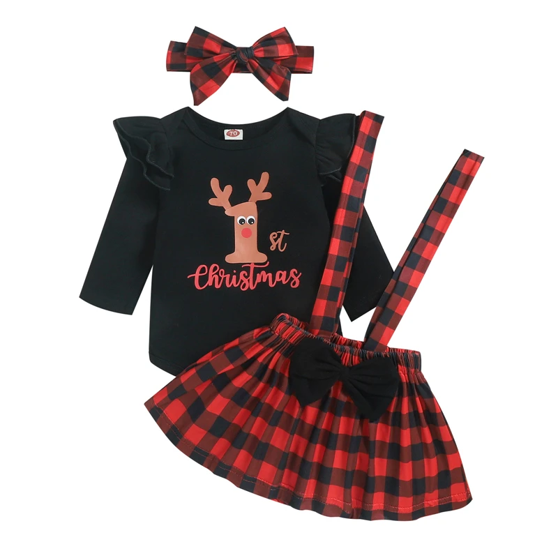 

Baby Girls Three Piece Suit Christmas Elk Long Sleeve Romper and Plaid Suspender Skirt & Headband Xmas Toddler Clothing Set