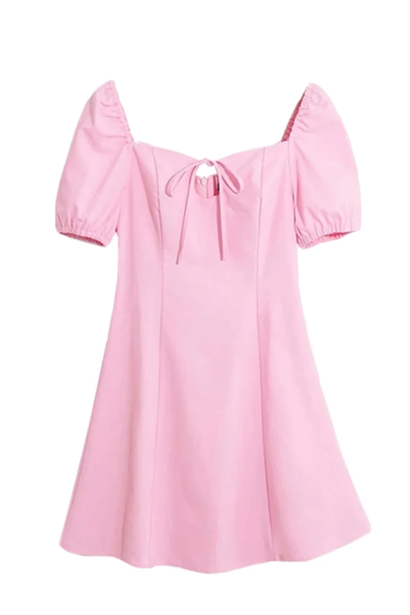

French Bubble Sleeve Small Dress Design Girl Neckline Lace Up High Waist Slim A-line Skirt
