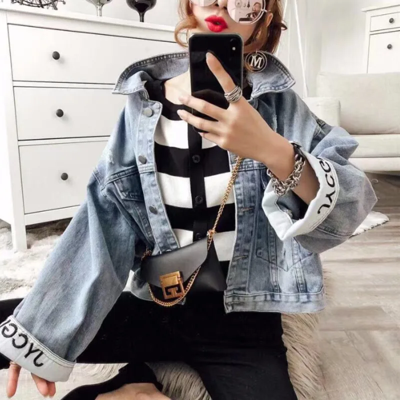 Женская ВИНТАЖНАЯ ДЖИНСОВАЯ КУРТКА короткая джинсовая куртка в Корейском стиле