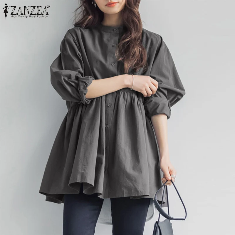 

Повседневная Женская блузка ZANZEA большого размера, туника, топы, однотонные рубашки-трапеции с длинным рукавом, офисные женские плиссирован...