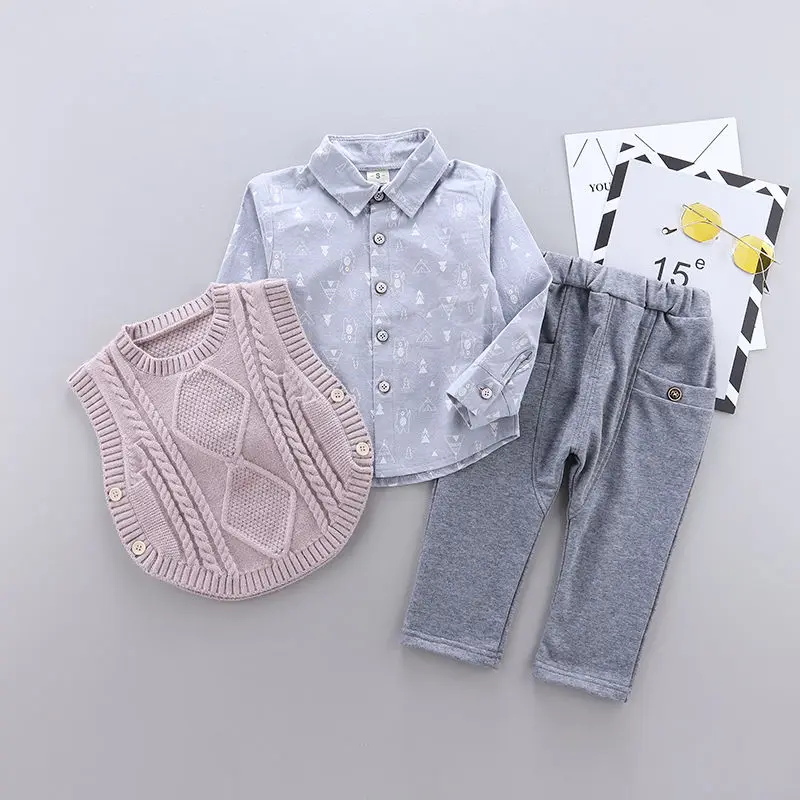 

Boys Spring Suit 1-2-3 Years Old Baby Fashion Sweater Vest Children's Vest Spring and Autumn Long-sleeved Three-piece Trend