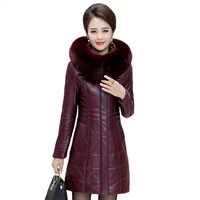 winter leather jacket women leather parkas fur collar hooded warm winter long pu leather coat women high quality