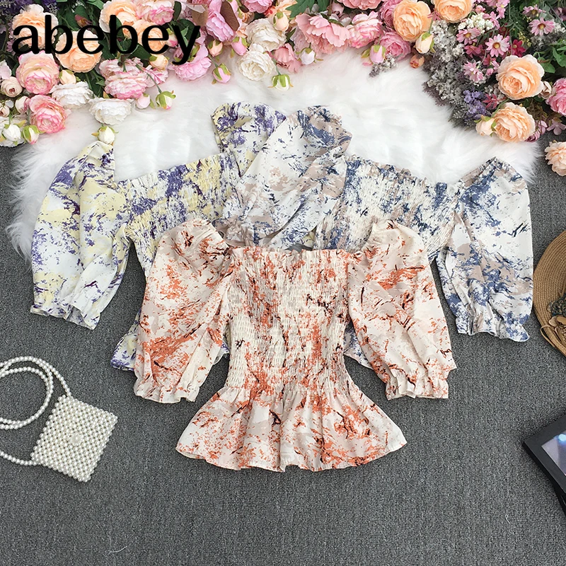 

2021 New Summer Women Korean square collar puff sleeve Shirt high waist pleated waist Ruffles Floral Shirt To