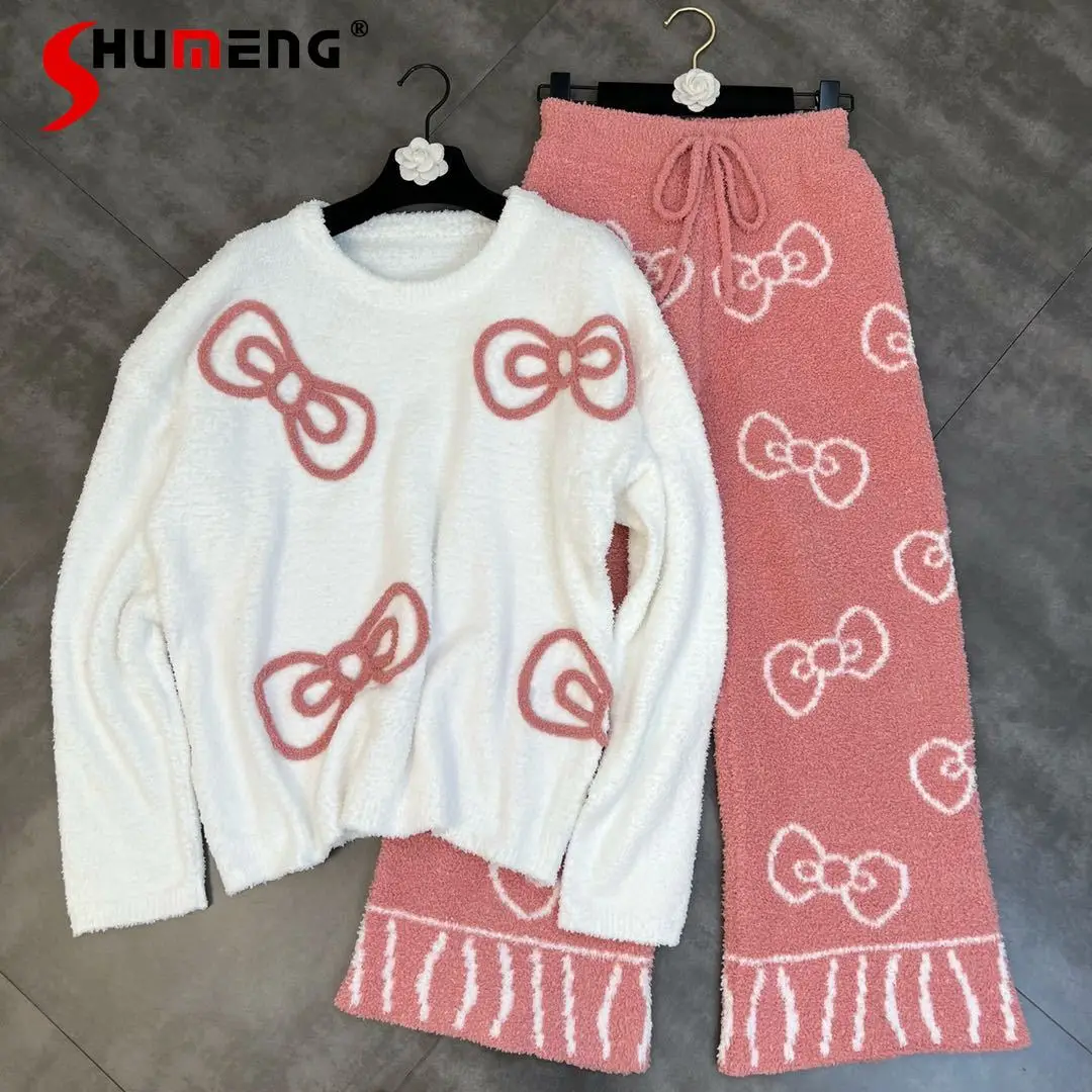

New Ladies 2021 Winter Fashion Simple Bow Long Sleeve Knitted Top Women Ins Straight-Leg Pink Casual Pants Sweet Two-piece Sets
