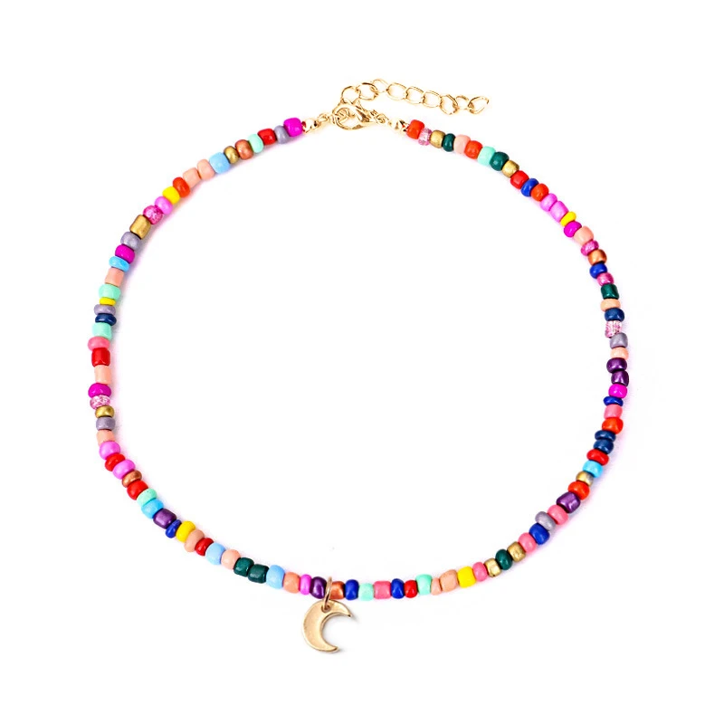

Fashion Boho Bead Choker Necklace Women Bohemian Neck Chain Candy Color Alloy Star Moon Pendant Necklace Jewelry Collar For Girl