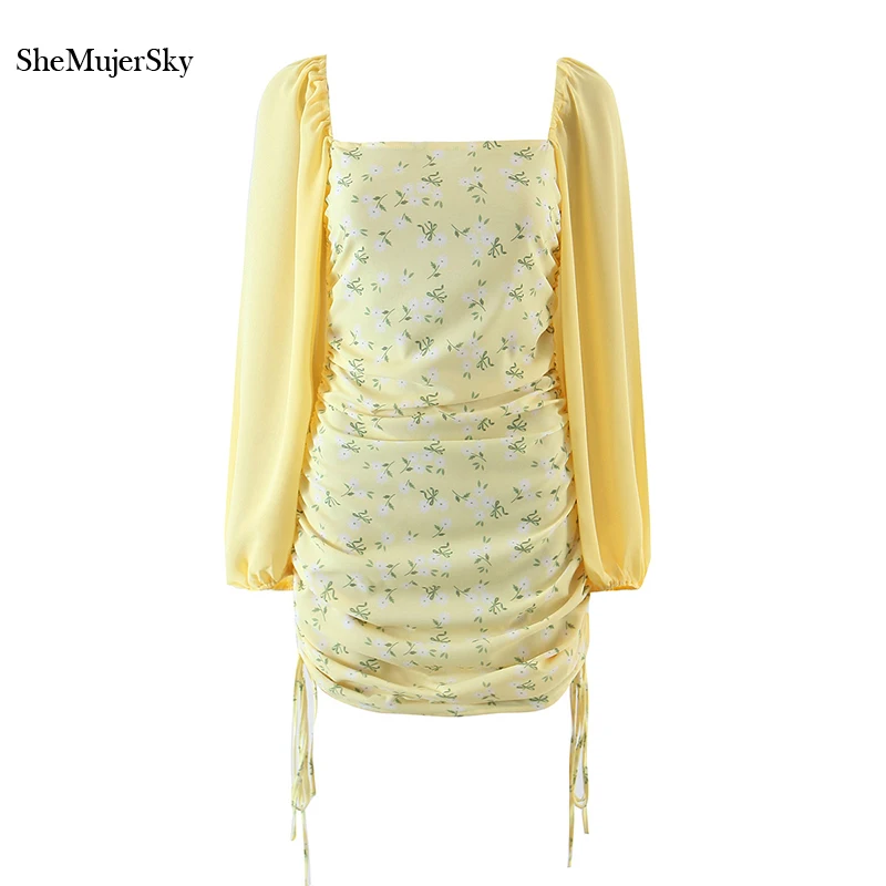 

SheMujerSky тонкое женское платье с рюшами с длинным рукавом с квадратным вырезом желтое шифоновое платье 2021 с цветочным принтом