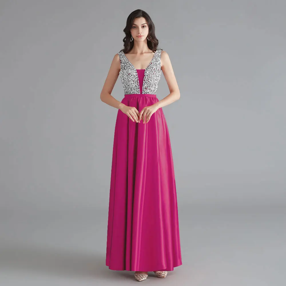 Rose Red Beauty Emily,, v-образный вырез, стразы, без рукавов, платья подружек невесты, длинное, на заказ, свадебное платье, Vestido dama de honor - Цвет: Rose Red