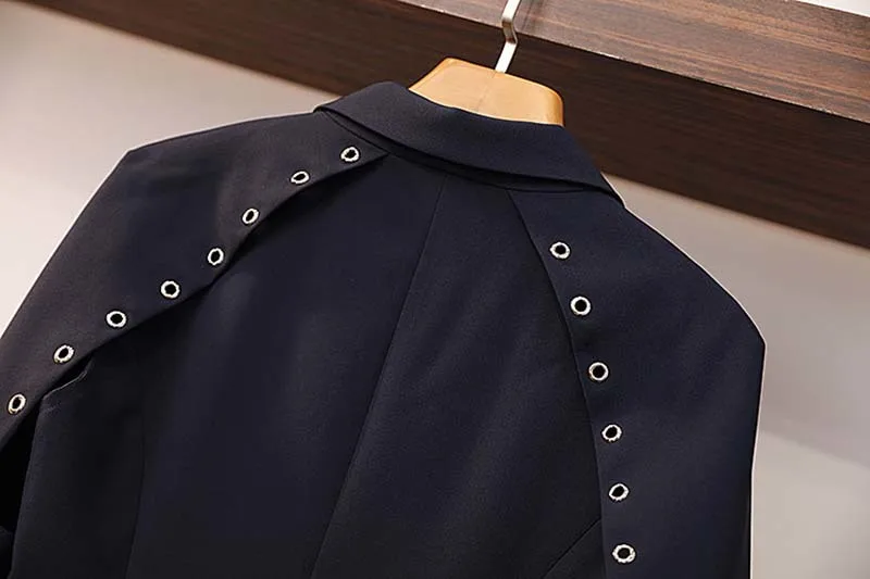 

IEQJ Women Dark Blue Holes Irregular Blazer New Lapel Long Sleeve Loose Fit Jacket Fashion Tide Spring Autumn 2021 3D0010