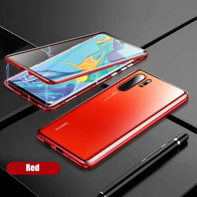 360 полная защита двухсторонний стеклянный чехол для телефона huawei P30 Pro P30 P30 Lite магнитный металлический изогнутый защитный чехол для экрана - Цвет: Красный