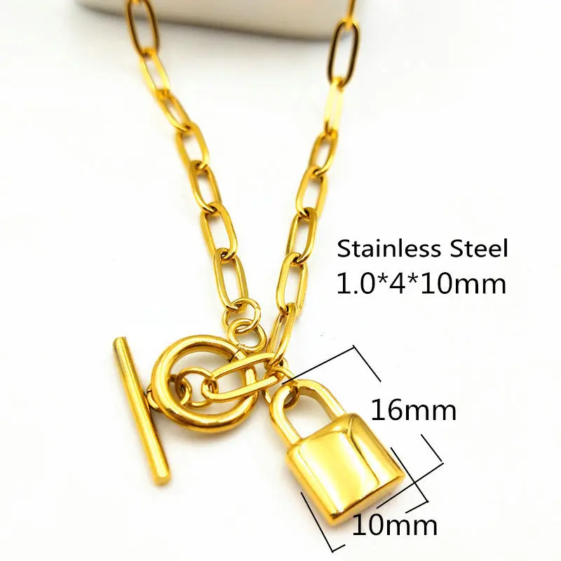 

Gold Plated Lock Pendant Necklaces For Women Hip-Hop Rock Punk Clavicle Collar Toggle Clasp Thick Chain OT Buckle Necklace Gifts