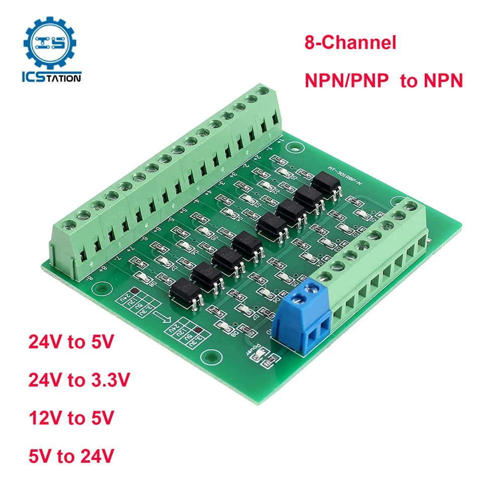 

8-Bit Photoelectric Optocoupler Isolation Module Level Voltage Conversion Board PLC Pulse Signal Compatible NPN/PNP to NPN