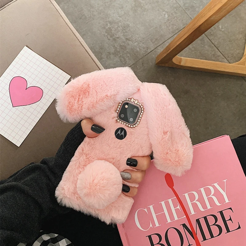 rabbit back silicone cover for motolora moto g10 power play g50 g20 stylus 2021 g51 5g g30 g9 plus fluffy fur cover phone case free global shipping