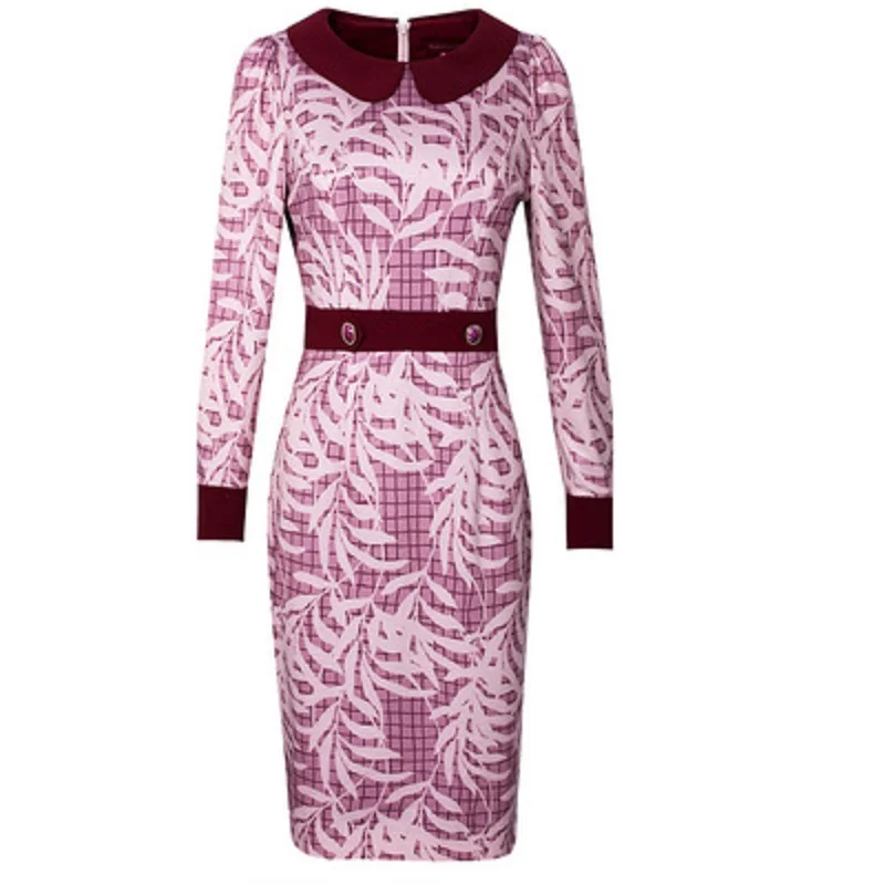 

long Office lady print sleeve dresses 2021 Autumn Spring casual dress women's slim patchwork peter pan collar retro style skirt