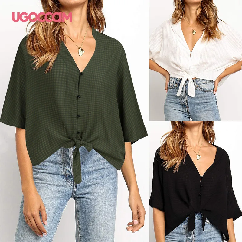 UGOCCAM женская блуза в клетку ластичного размера плюс женские летние короткие