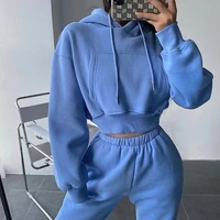 hoodies two piece set women long sleeve solid casual pocket pullover suit autumn 2022 elastic sports pants female tracksuit set
